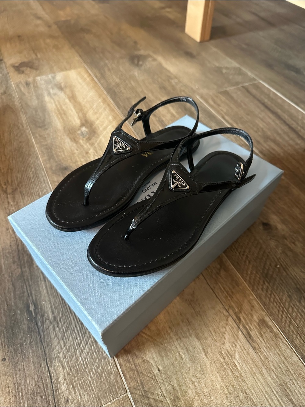 Prada Black Patent Leather Slingback T-Strap Sandals
